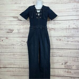 Frame Prosser V Neck Tie Medium Wash Short Sleeve Denim Jumpsuit